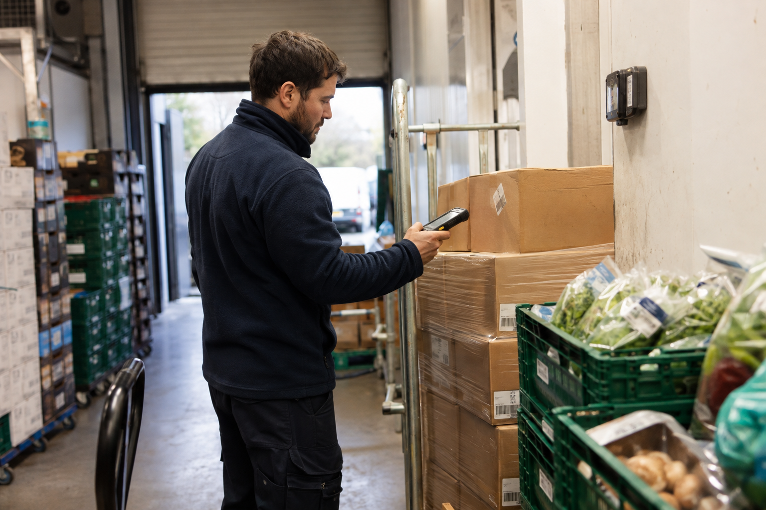 Illustrative supermarket employee scanning a carton with a rugged handheld at goods-in